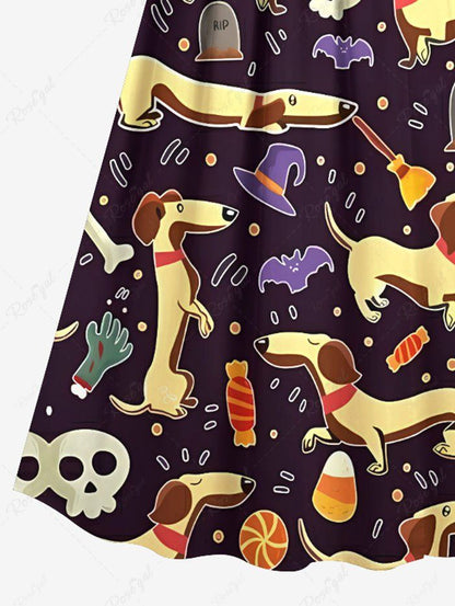 Plus Size Dog Skull Pumpkin Bat Candy Print Halloween Surplice A Line Cami Dress