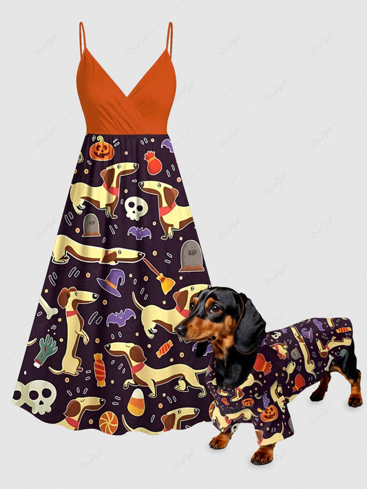 Puppy Skull Pumpkin Bat Candy Printed Halloween Shirt Dress Dog And Owner Matching Outfits