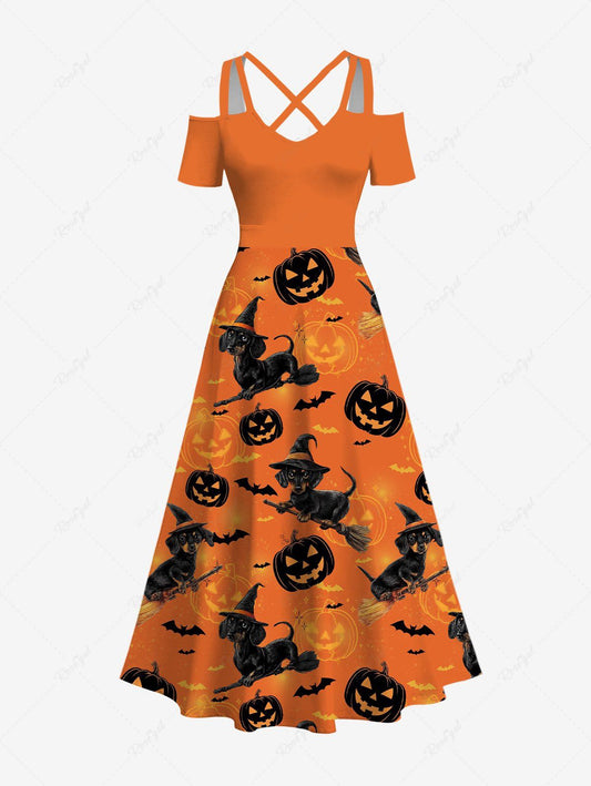 Plus Size Halloween Pumpkin Dog Bat Print Cold Shoulder Crisscross Maxi Dress