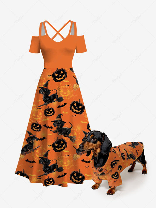 Halloween Pumpkin Dog Bat Print Shirt and Dress Dog and Owner Matching Outfits