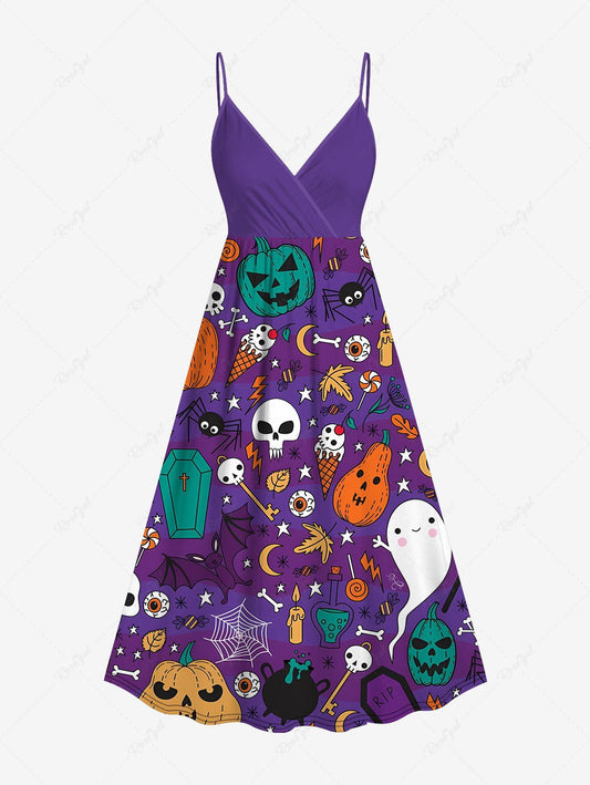 Plus Size Halloween Skulls Pumpkin Spider Bat Ghost Print Surplice Cami Dress