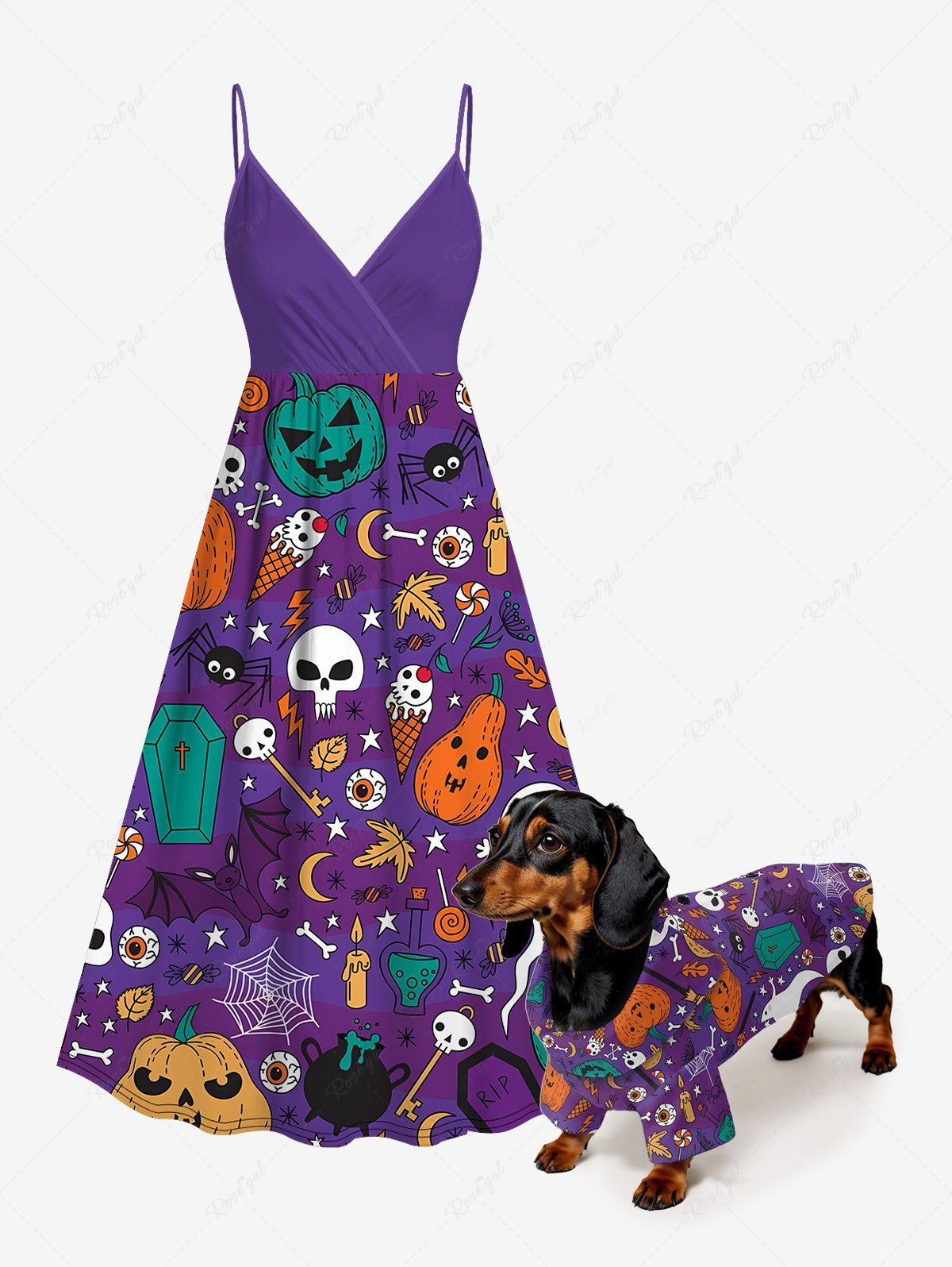Halloween Skulls Pumpkin Spider Bat Ghost Print Shirt And Dress Dog and Owner Matching Outfits