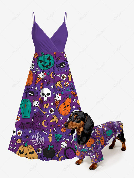 Halloween Skulls Pumpkin Spider Bat Ghost Print Shirt And Dress Dog and Owner Matching Outfits
