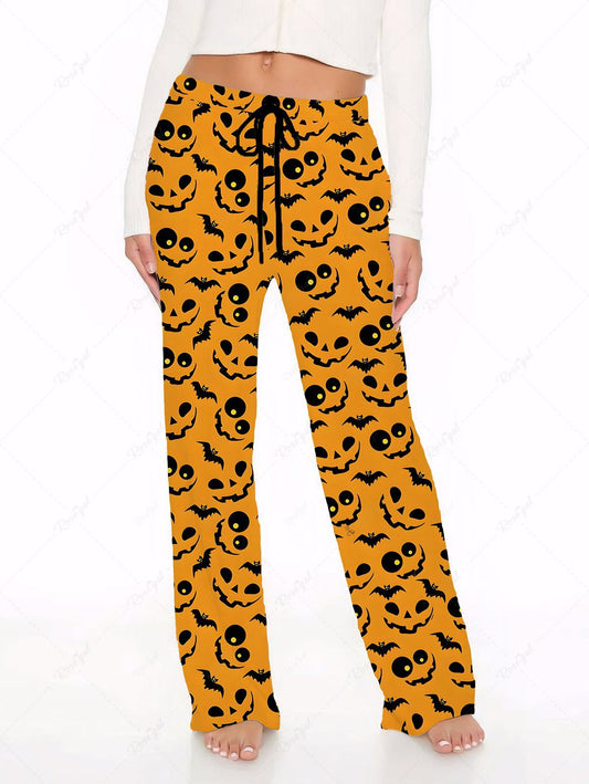 Plus Size Bat Pumpkin Ghost Face Print Halloween Drawstring Pocket Wide Leg Pants