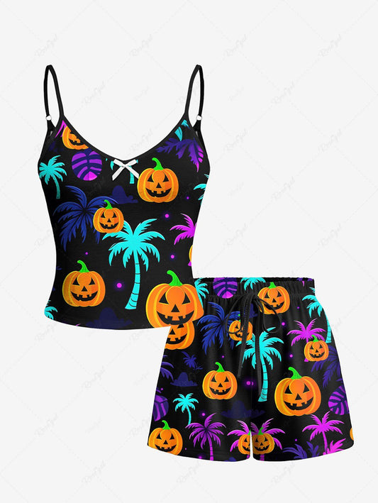 Halloween Pumpkin Topical Leaf Print Cami Top And Boyshorts Pajama Set