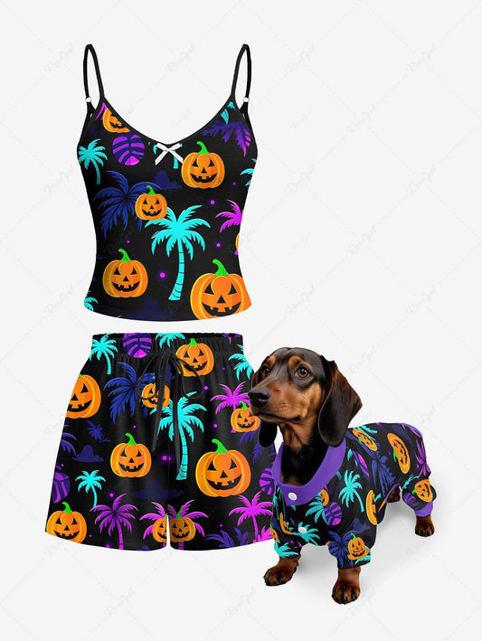 Halloween Pumpkin Topical Leaf Print Pajamas Dog and Owner Matching Outfits
