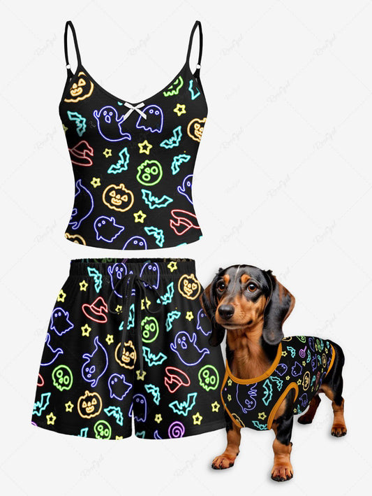 Glitter Ghost Bat Pumpkin Star Printed Halloween Tank Top Pajama Set Dog And Owner Matching Outfits