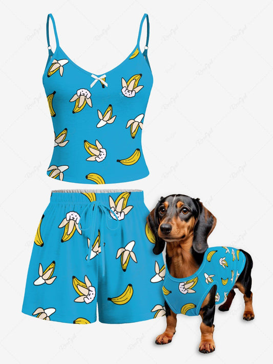 Puppy Banana Printed Tank Top Pajama Set Dog And Owner Matching Outfits