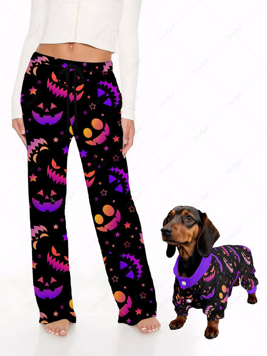 Halloween Pumpkin Smile Face Stars Printed Pajama and Wide Leg Pants Dog and Owner Matching Outfits