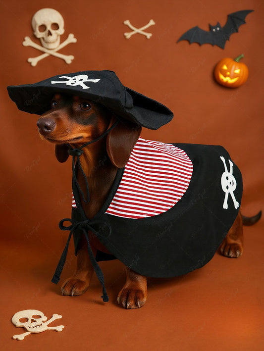 Pet's Halloween Pirate Costume Skull Stripes Print Cape Cloak With Hat