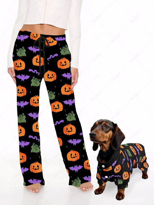 Halloween Pumpkin Ghost Bat Print Pajama and Wide Leg Pants Dog and Owner Matching Outfits
