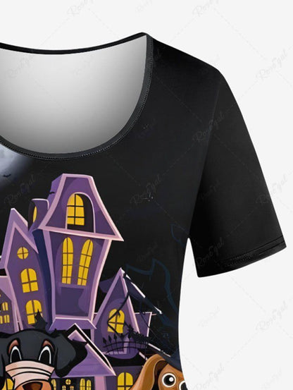 Plus Size Halloween Ghost Pumpkin Dog Moon Bat Print T-shirt
