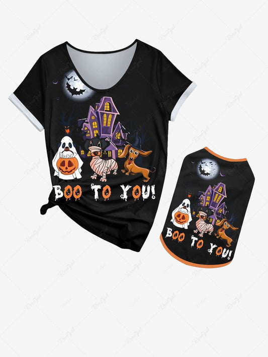 Halloween Ghost Pumpkin Puppy Moon Bat Printed T-shirt Dog And Owner Matching Outfits
