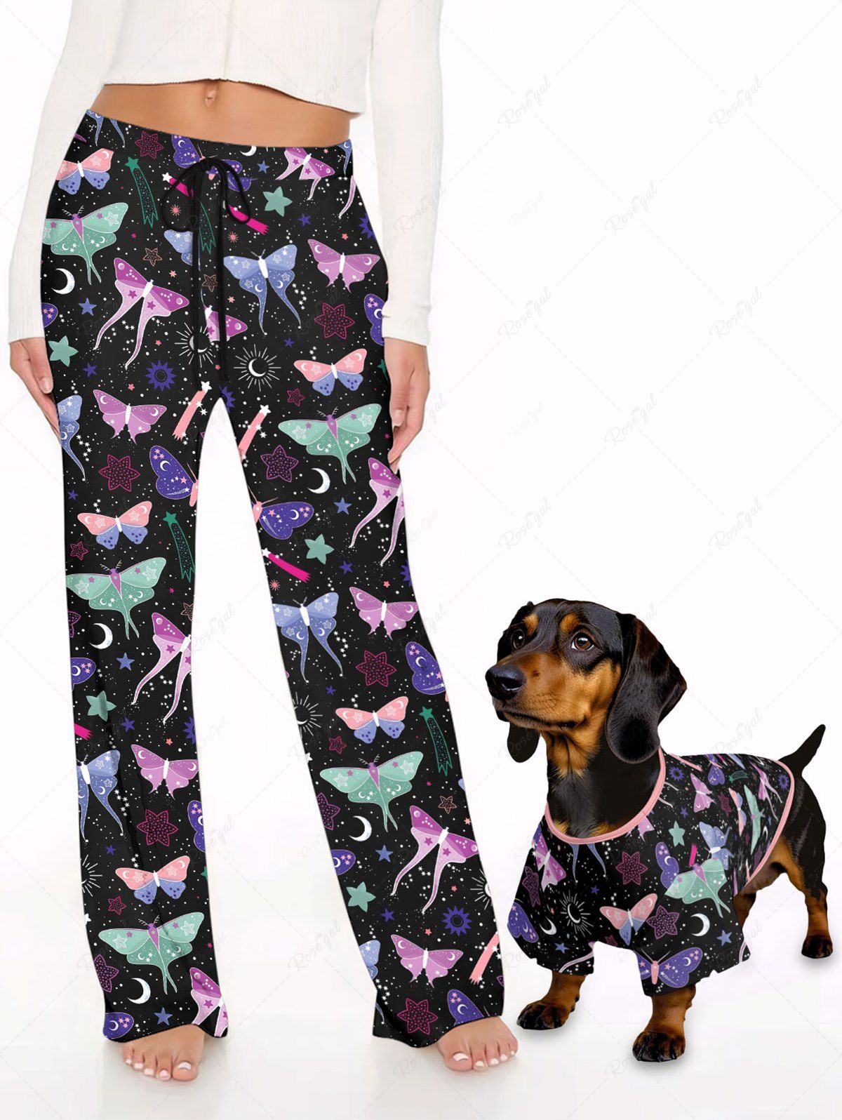Colorful Butterfly Sun Moon Stars Galaxy Printed T-shirt Pants Dog And Owner Matching Outfits