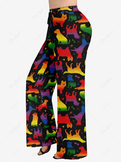 Plus Size Colorful Ombre Dog Print Drawstring Wide Leg Pants