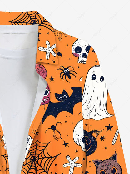 Plus Size Halloween Pumpkin Skull Ghost Spider Web Print Buttons Pocket Long Sleeves Shirt For Men