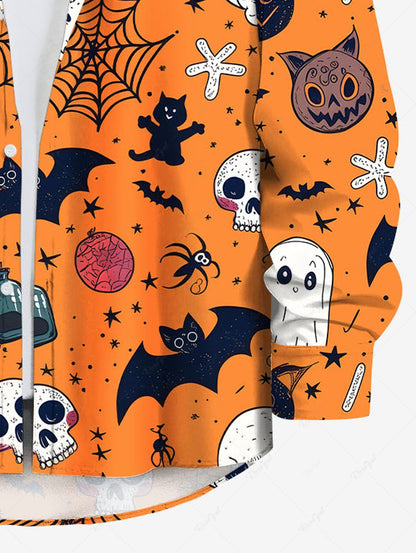 Plus Size Halloween Pumpkin Skull Ghost Spider Web Print Buttons Pocket Long Sleeves Shirt For Men