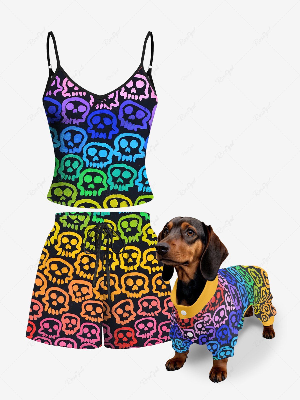 Colorful Ombre Skull Printed Halloween Pajama Dog And Owner Matching Outfits