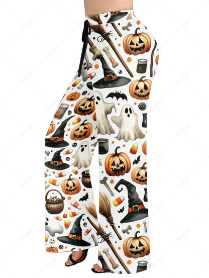 Halloween Pumpkin Hat Ghost Print Pajama and Wide Leg Pants Dog and Owner Matching Outfits