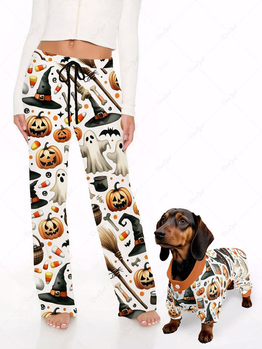 Halloween Pumpkin Hat Ghost Print Pajama and Wide Leg Pants Dog and Owner Matching Outfits