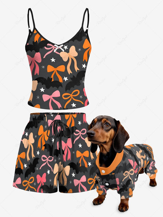 Bowknot Bat Stars Printed Halloween Pajama Dog And Owner Matching Outfits