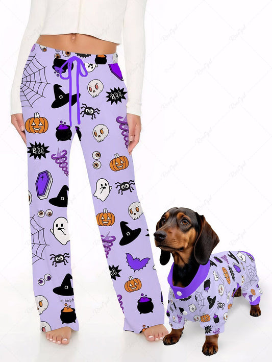 Halloween Pumpkin Ghost Spider Web Skulls Eyes Print Pajama and Wide Leg Pants Dog and Owner Matching Outfits
