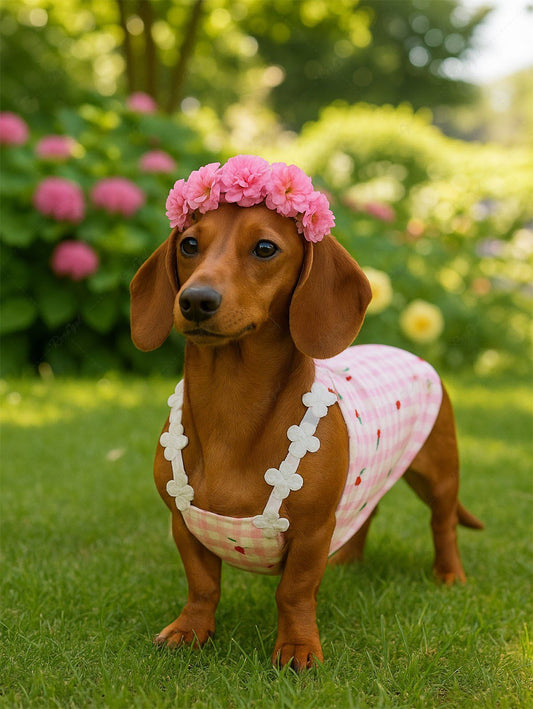 Pet's Cherry Plaid Print Flower Applique Cute Tank Top
