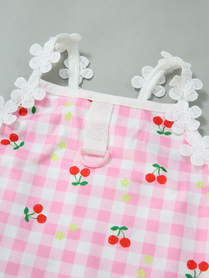 Pet's Cherry Plaid Print Flower Applique Cute Tank Top