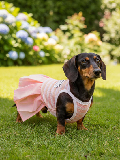 Pet's Striped Print Cute Cat Applique Pleated Dress