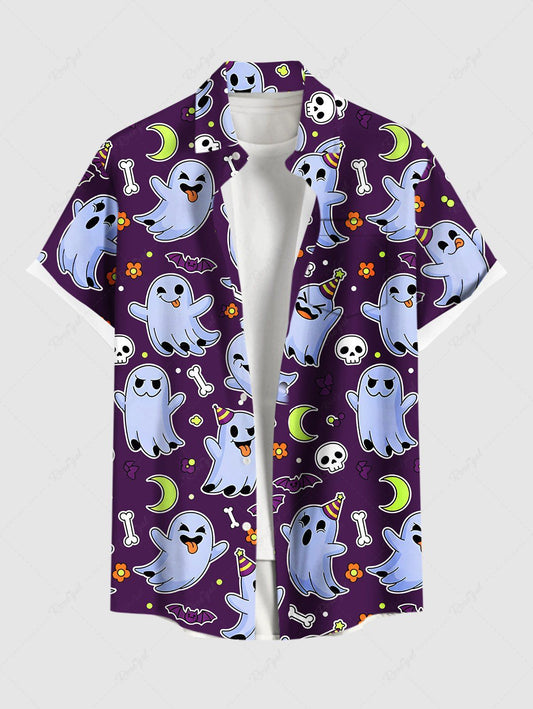 Plus Size Skull Ghost Bat Moon Flower Print Halloween Button Pocket Shirt For Men