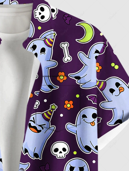 Plus Size Skull Ghost Bat Moon Flower Print Halloween Button Pocket Shirt For Men