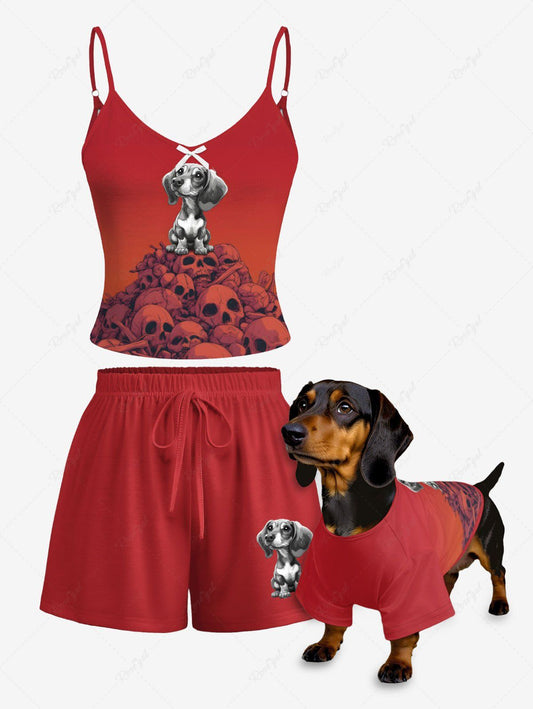 Skull Puppy Dip Dye Ombre Printed T-shirt Pajama Set Dog And Owner Matching Outfits