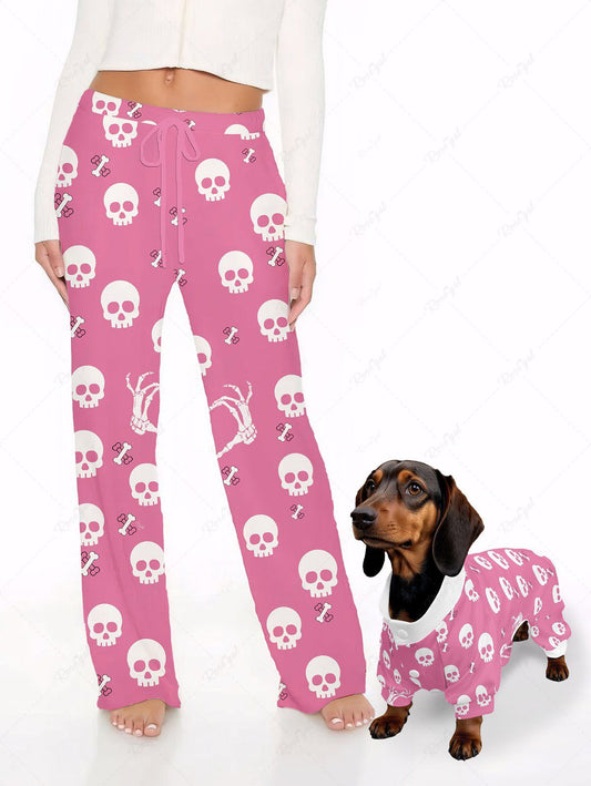 Skulls Skeleton Claw Bone Printed Pajama and Wide Leg Pants Dog and Owner Matching Outfits