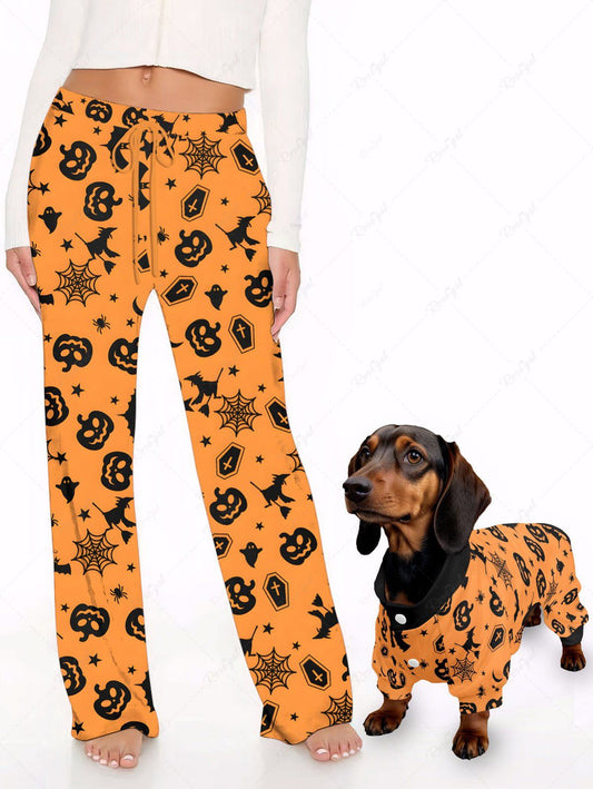 Pumpkin Bat Spider Web Printed Halloween Pajama Pants Dog And Owner Matching Outfits