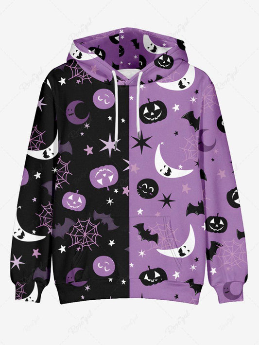 Plus Size Pumpkin Bat Moon Star Spider Web Contrast Colorblock Print Halloween Drawstring Pocket Hoodie