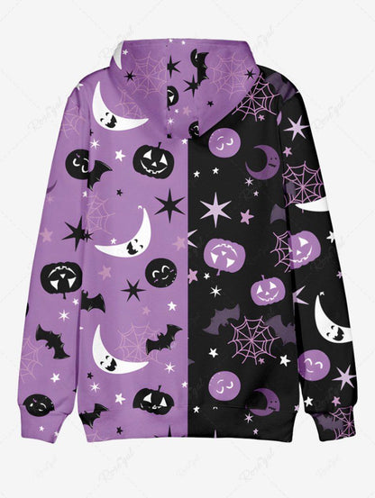 Plus Size Pumpkin Bat Moon Star Spider Web Contrast Colorblock Print Halloween Drawstring Pocket Hoodie