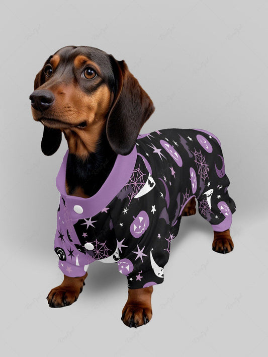 Pet's Pumpkin Bat Moon Star Spider Web Contrast Colorblock Print Halloween Button Pajama