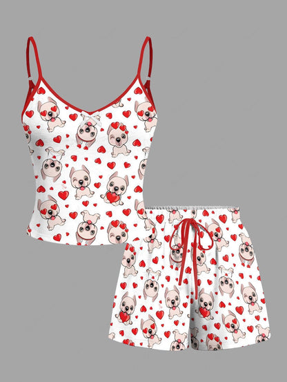 Cute Dog Heart Print Cami Top and Drawstring Shorts Pajama Set