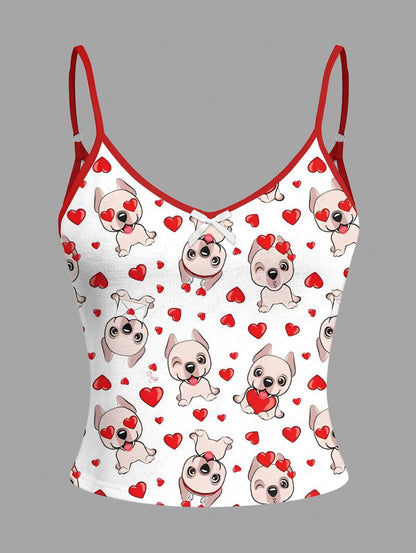 Cute Dog Heart Print Cami Top and Drawstring Shorts Pajama Set