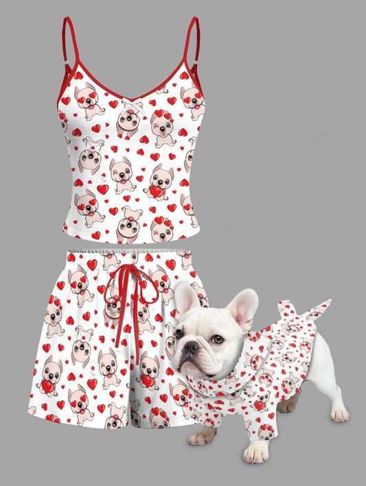 Cute Puppy Heart Printed Shirt Pajama Dog And Owner Matching Outfits