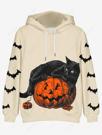 Plus Size Pumpkin Cat Bat Print Halloween Drawstring Pocket Pullover Long Sleeves Hoodie