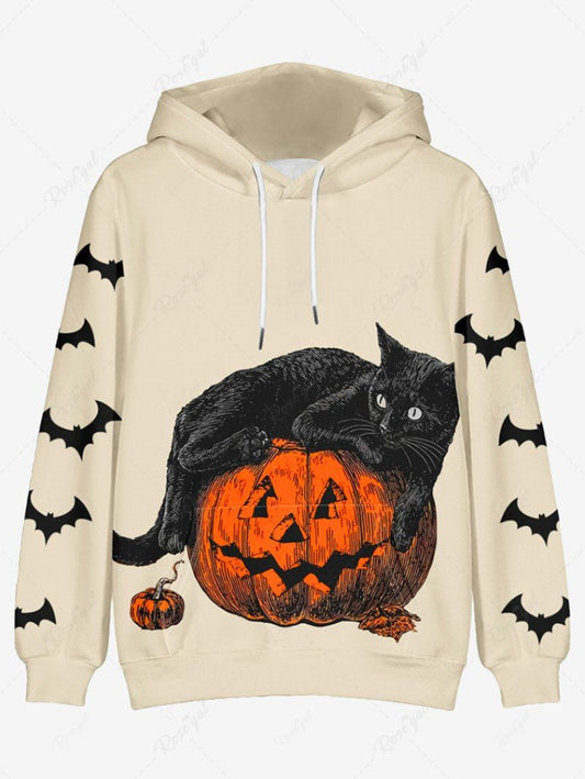 Plus Size Pumpkin Cat Bat Print Halloween Drawstring Pocket Pullover Long Sleeves Hoodie