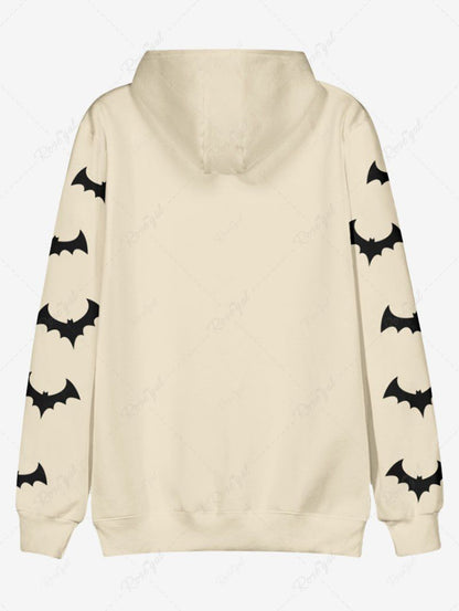 Plus Size Pumpkin Cat Bat Print Halloween Drawstring Pocket Pullover Long Sleeves Hoodie