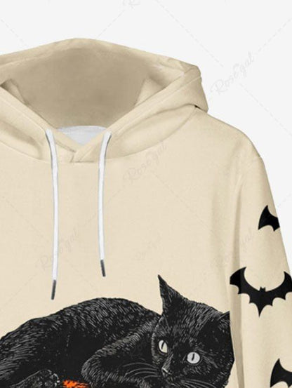Plus Size Pumpkin Cat Bat Print Halloween Drawstring Pocket Pullover Long Sleeves Hoodie