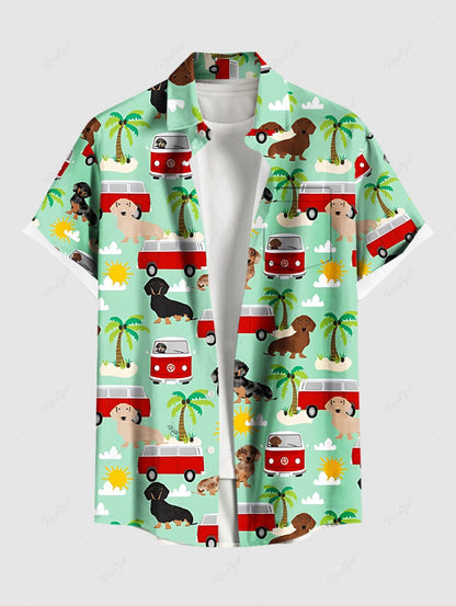Plus Size Coconut Tree Dog Bus Sun Cloud Print Buttons Pocket Hawaii Shirt For Men