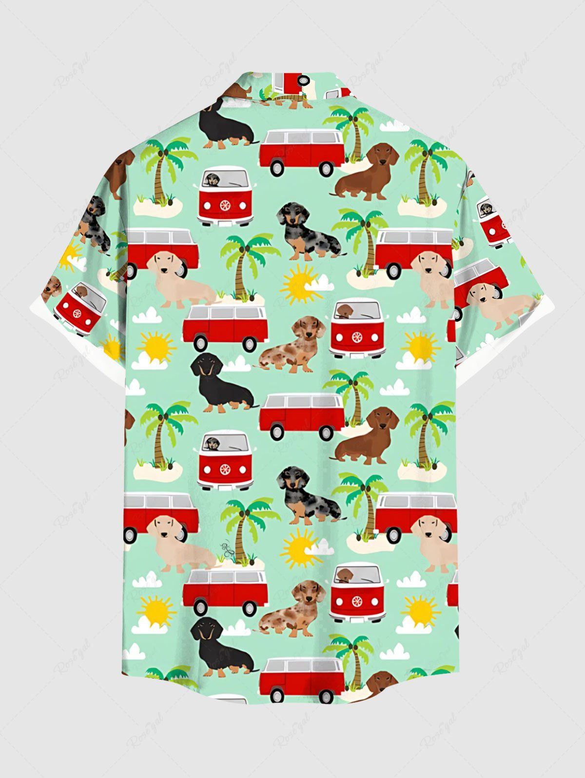 Plus Size Coconut Tree Dog Bus Sun Cloud Print Buttons Pocket Hawaii Shirt For Men