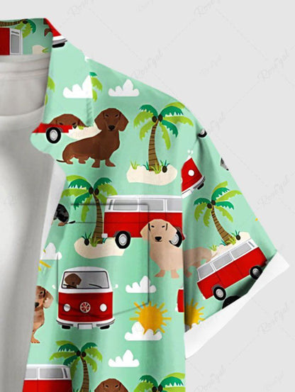 Plus Size Coconut Tree Dog Bus Sun Cloud Print Buttons Pocket Hawaii Shirt For Men