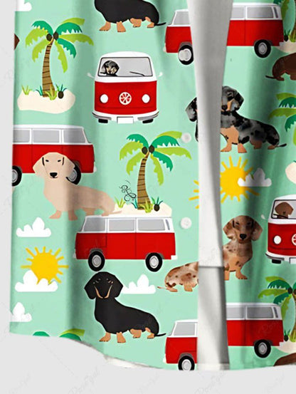 Plus Size Coconut Tree Dog Bus Sun Cloud Print Buttons Pocket Hawaii Shirt For Men