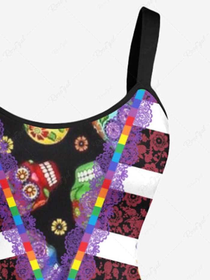 Plus Size Halloween Skulls Flowers Print Tank Dress