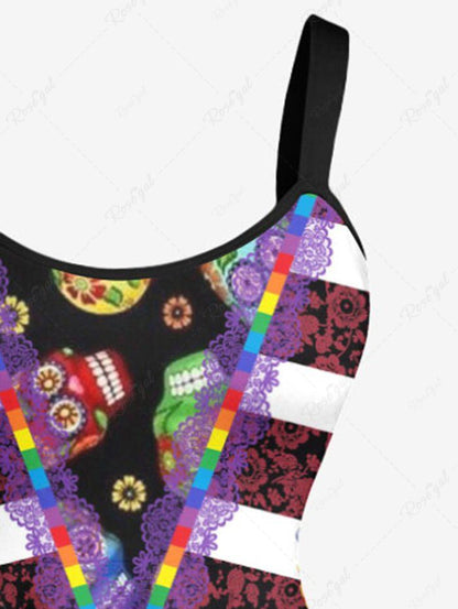 Plus Size Halloween Skulls Flowers Print Tank Dress